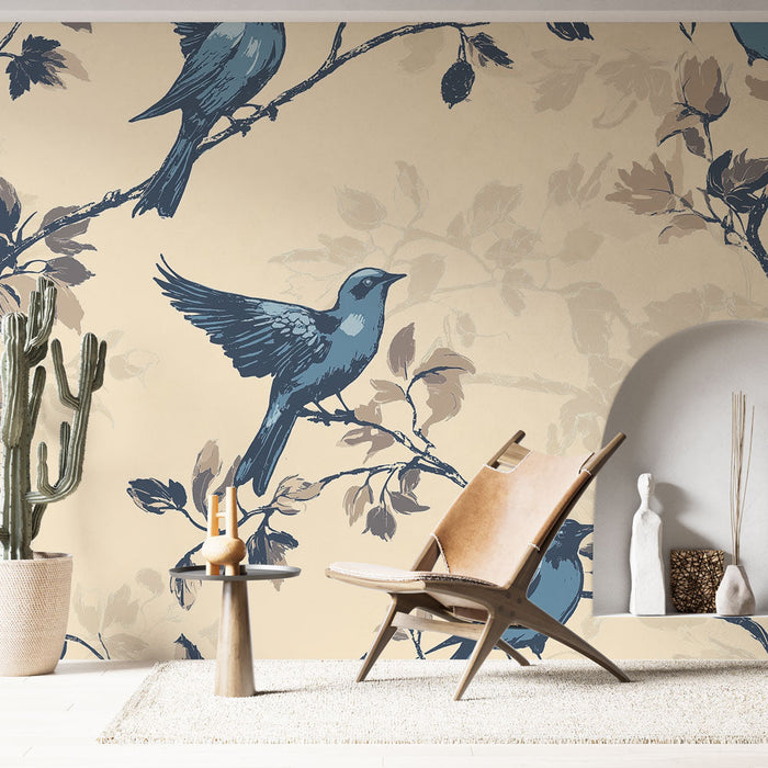 Papel de parede shabby chic | Pássaros azuis em galhos delicados