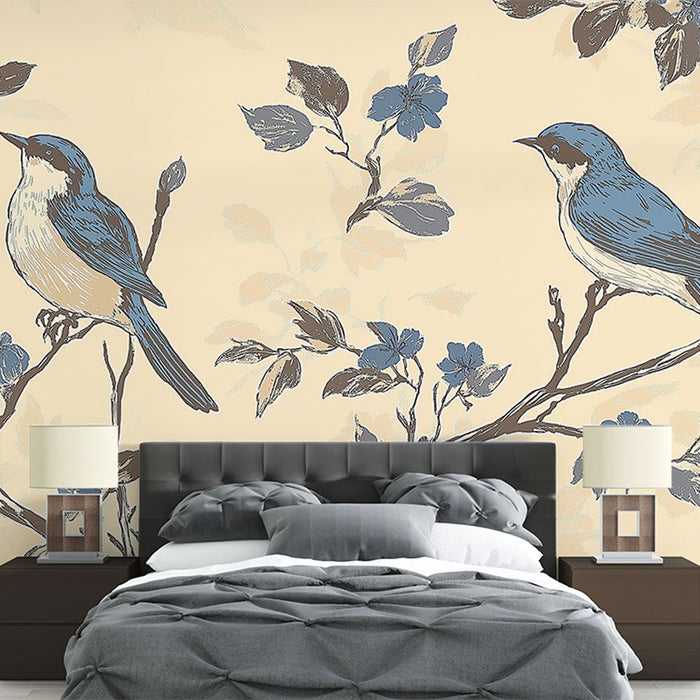 Tapet shabby chic | Păsări albastre pe fundal pastel cu flori delicate