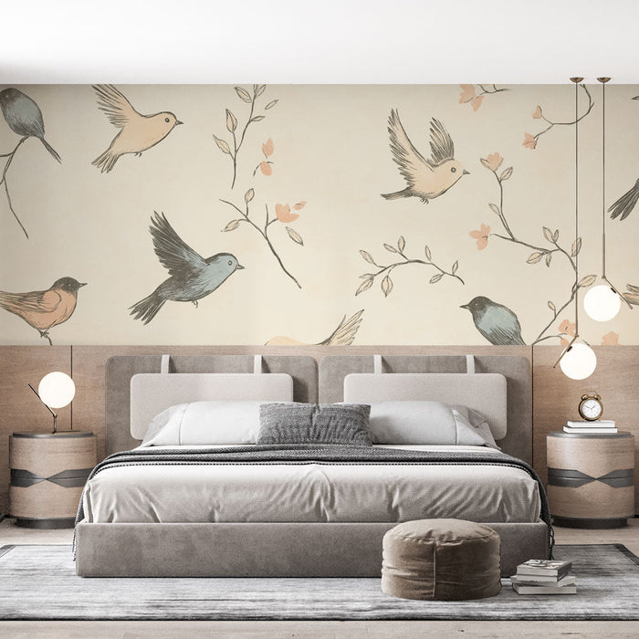 Carta da parati shabby chic | Uccelli delicati e fiori pastello in volo