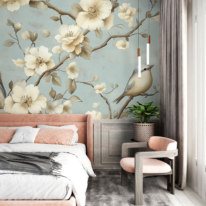 Papel de parede shabby chic | Pássaros delicados entre flores creme em um fundo azul