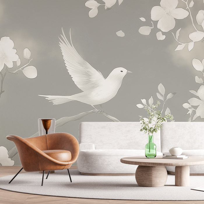 Carta da parati shabby chic | Uccelli e fiori delicati su uno sfondo morbido