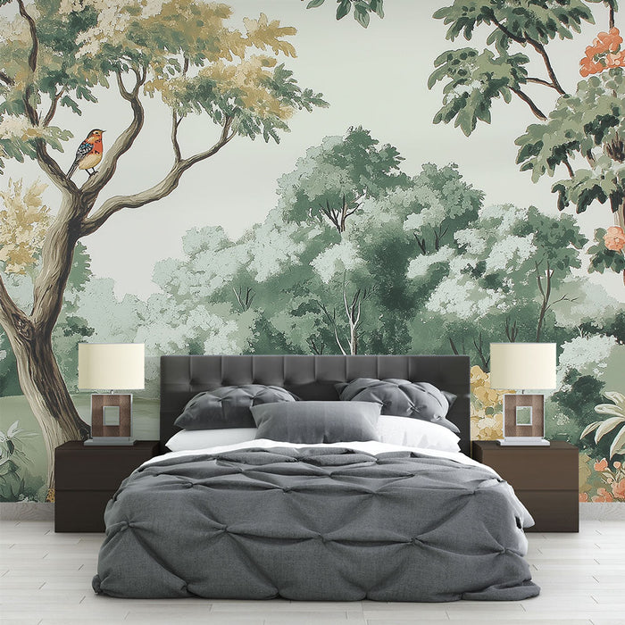 Tapeta shabby chic | Botanický krajinný obraz s ptákem a barevnými květinami