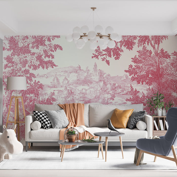 Tapet shabby chic | Bucolic landscape pink in delicate outlines