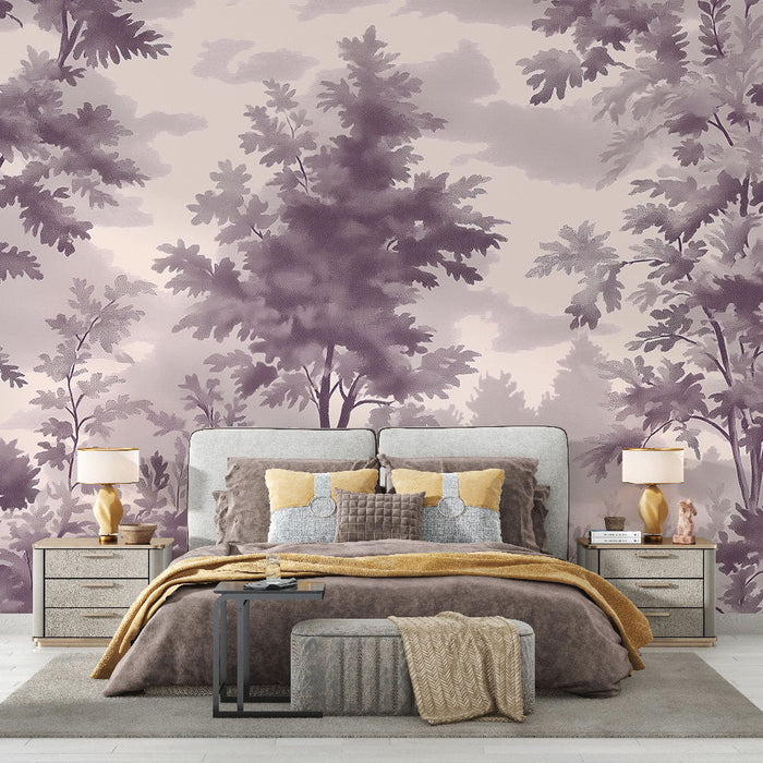 Tapet shabby chic | Blødt løvlandskab i lilla toner