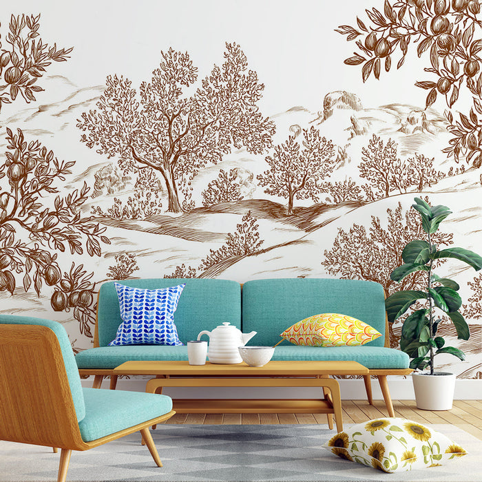 Tapeta shabby chic | Cvjetni krajolik u smeđoj i bijeloj boji