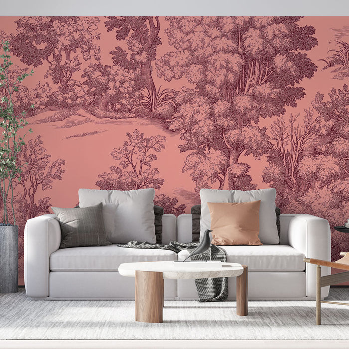 Tapeta shabby chic | Krajobraz leśny na różowym tle