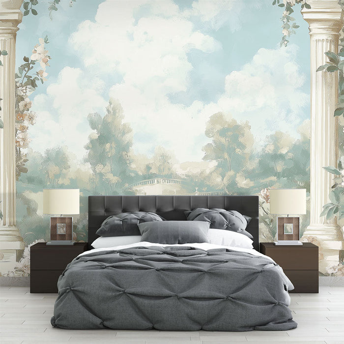 Foto Behang shabby chic | Pastoraal landschap met zuilen en delicate bloemen