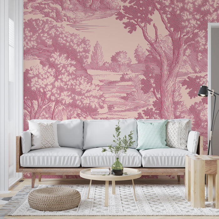 Fototapet shabby chic | Pembe ve krem renginde pastoral manzara