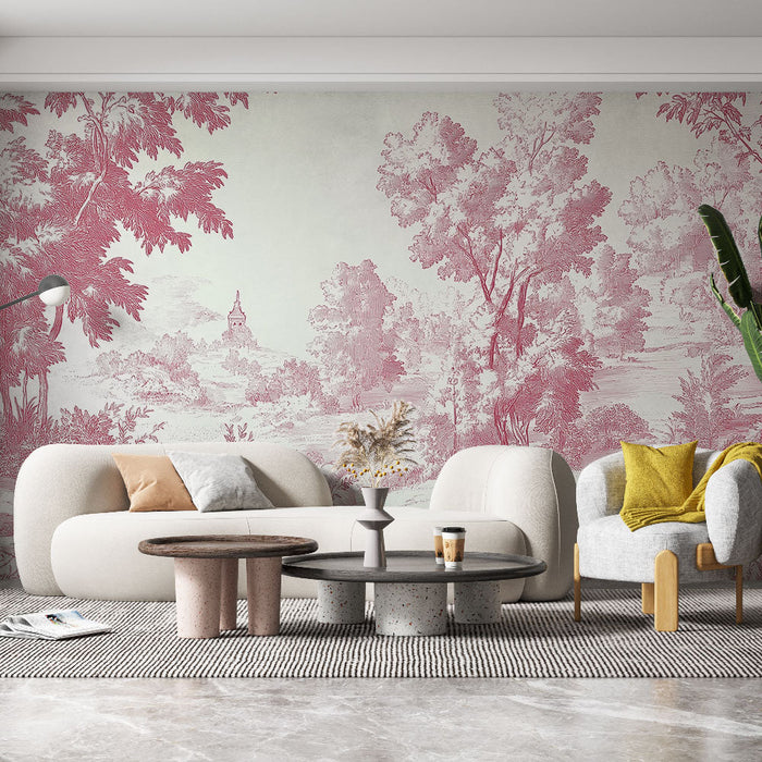 Tapeta shabby chic | Pastorální krajina v jemně červené