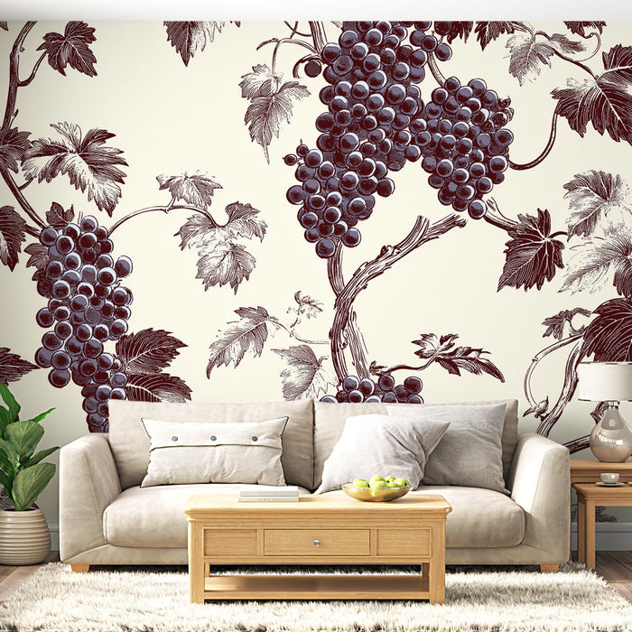 Falikép tapéta shabby chic | Elegáns szőlő krémszínű háttéren