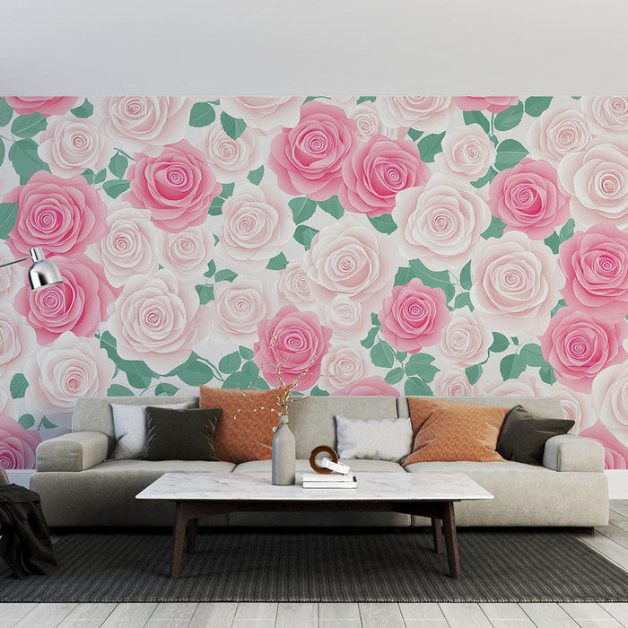 Tapet shabby chic | Delikat rosenhave med pink og hvide roser