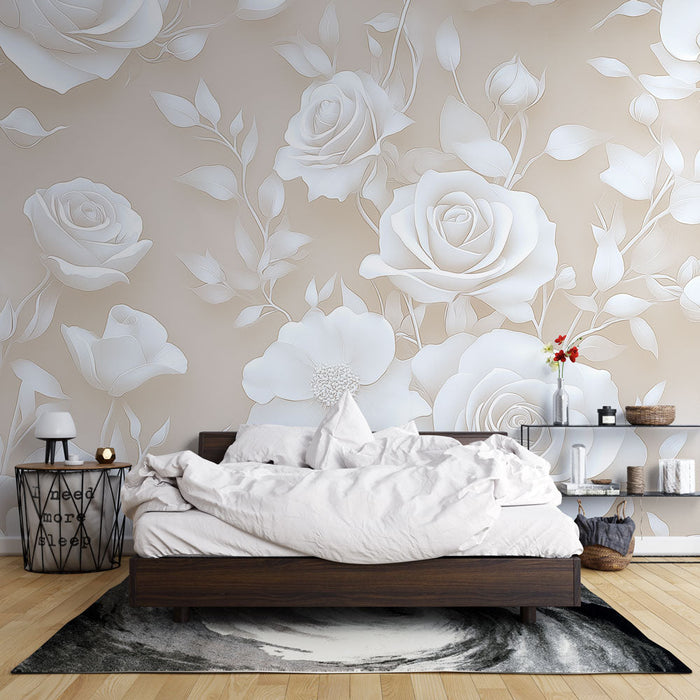 Fototapet shabby chic | Şık beyaz güller bej arka plan üzerinde