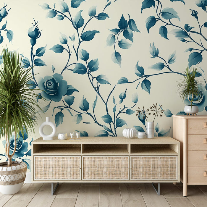 Papel de parede shabby chic | Rosas azuis em fundo creme