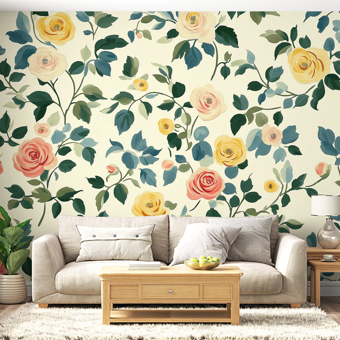 Foto Behang shabby chic | Kleurrijke rozen op een crèmekleurige achtergrond