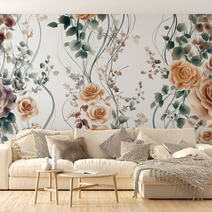 Tapete shabby chic | Nježne ruže u nježnim tonovima i elegantno lišće