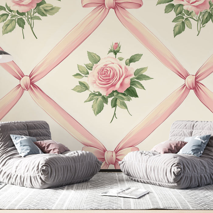 Tapet shabby chic | Trandafiri delicați cu fundițe de satin