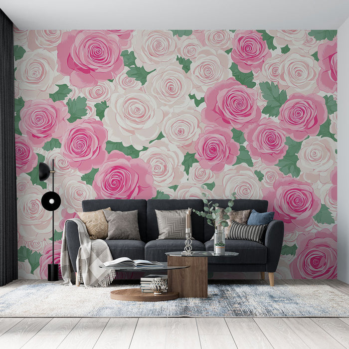 Carta da parati shabby chic | Rose delicate in rosa e bianco