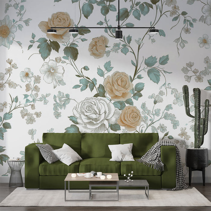 Tapeta shabby chic | Delikatne róże i delikatna zielen w akwareli