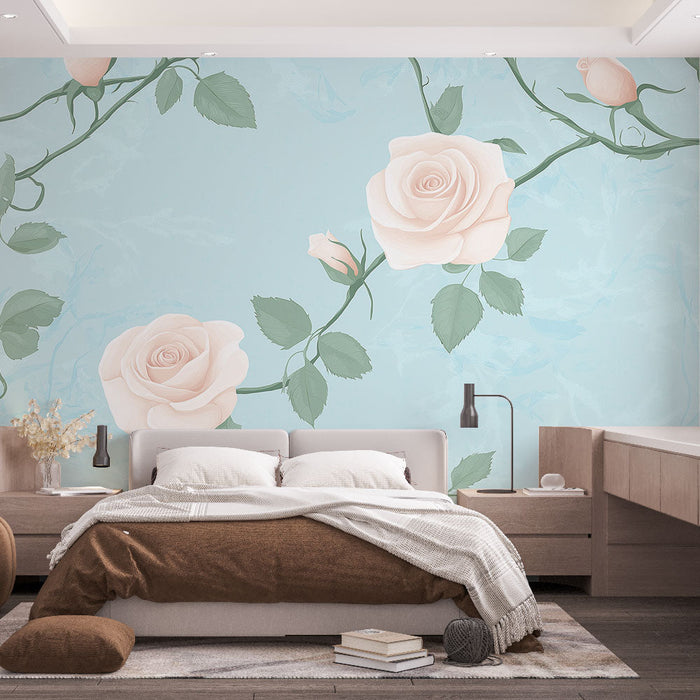 Fototapeet shabby chic | Õrnad roosid rahustaval sinisel taustal