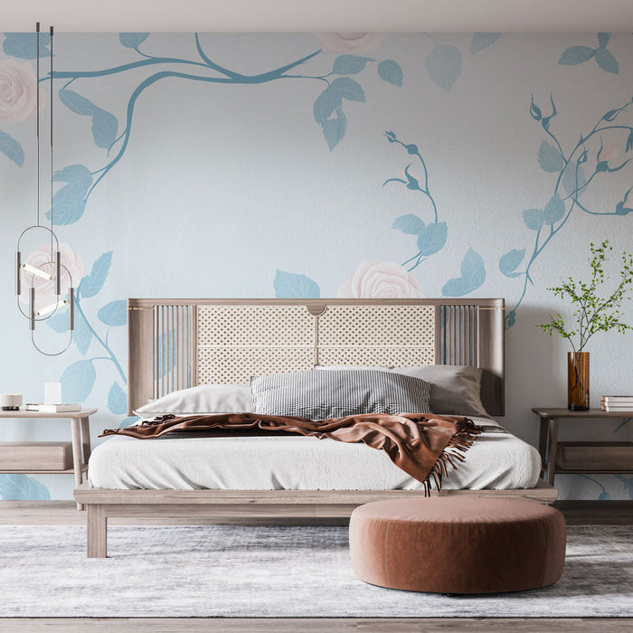 Tapet shabby chic | Trandafiri delicați pe fundal albastru deschis