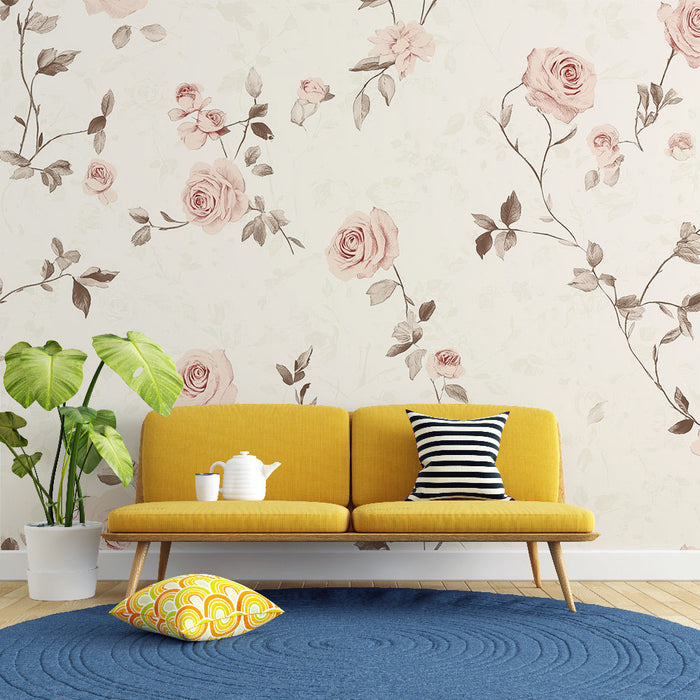 Tapet shabby chic | Delikata rosor på krämig bakgrund