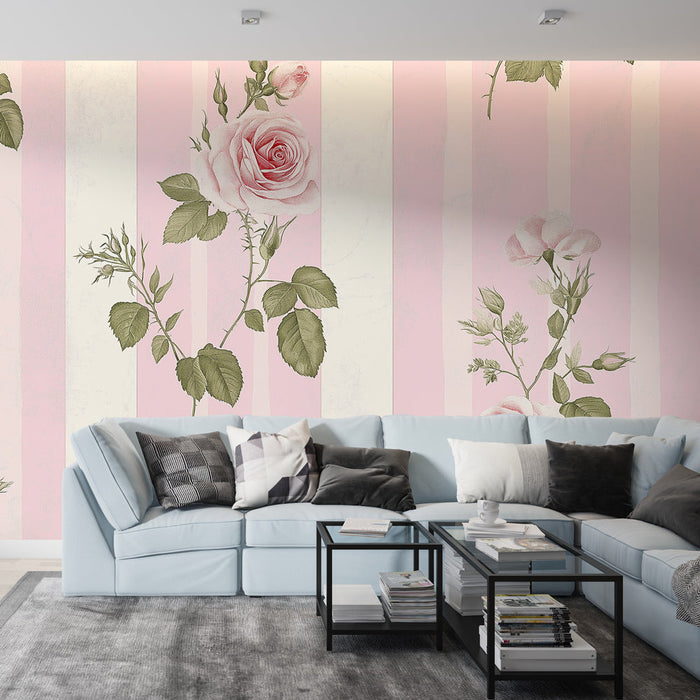 Fototapet shabby chic | Soluk pembe çizgili arka plan üzerinde narin güller