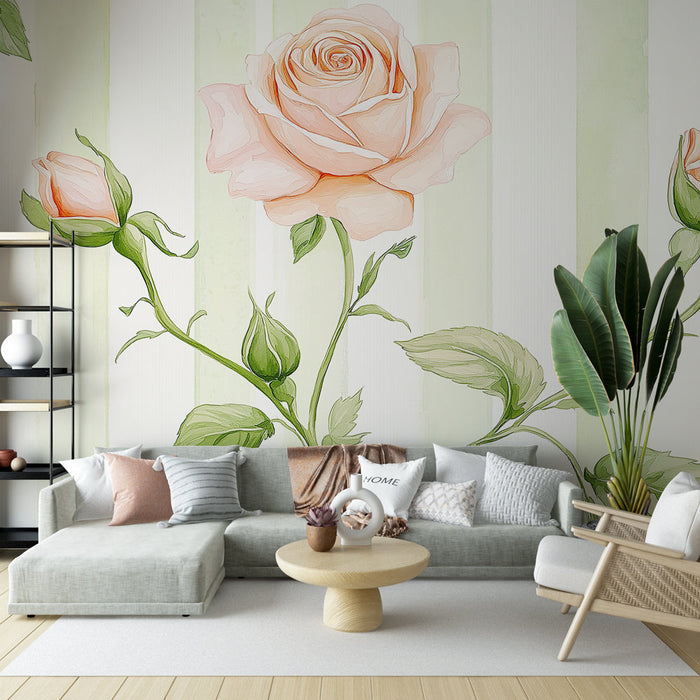 Tapet shabby chic | Trandafiri delicați pe fundal cu dungi