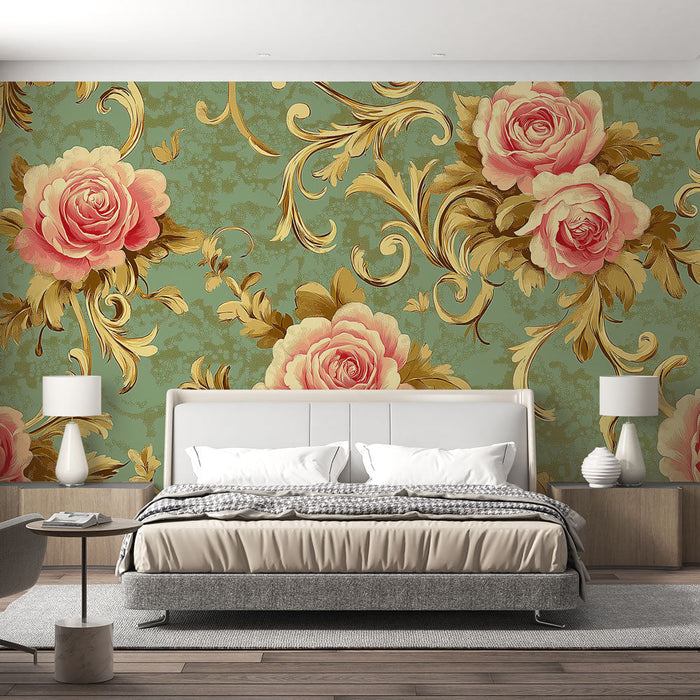 Tapete shabby chic | Zarte Rosen auf beruhigendem grünem Hintergrund