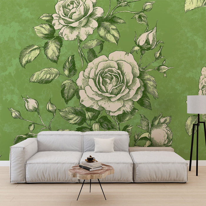 Tapete shabby chic | Zarte Rosen auf weichem grünen Hintergrund