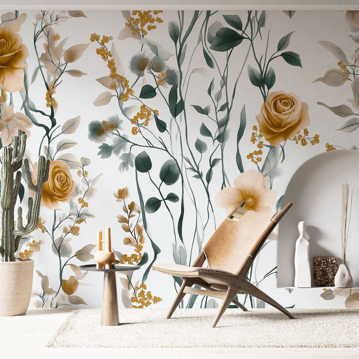 Tapet shabby chic | Gyllene rosor och delikat löv