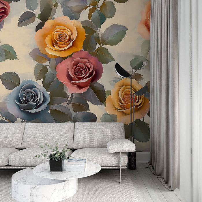 Mural Wallpaper shabby chic | Bright roses in various shades on a soft background