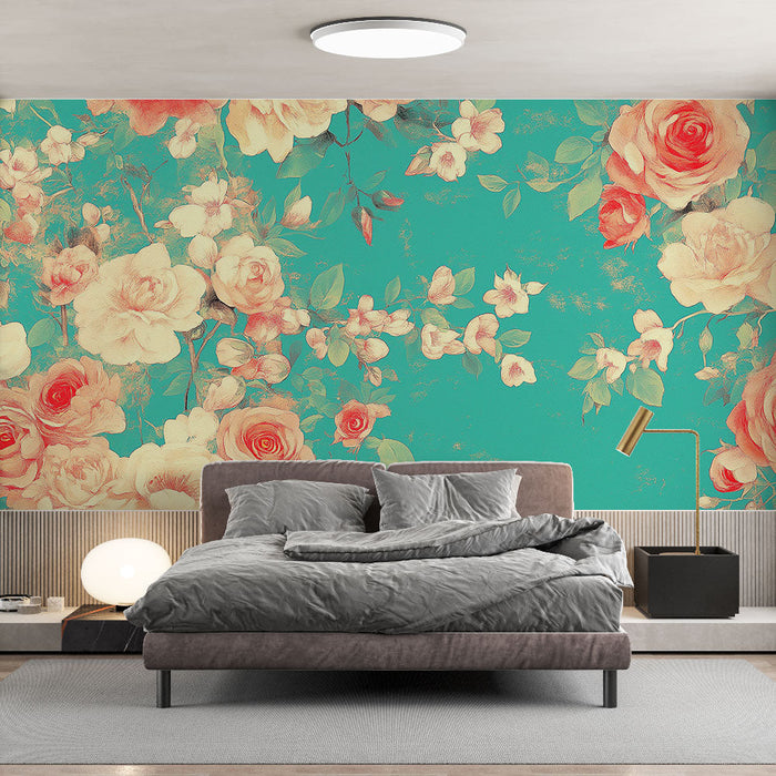 Foto Behang shabby chic | Peach roses on bright turquoise background