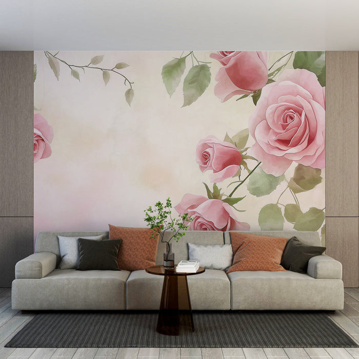 Mural tapéta shabby chic | Finom rózsaszín rózsák pasztell háttéren