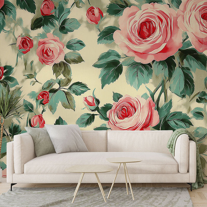 Carta da parati shabby chic | Rose rosa su sfondo crema con rigogliosa vegetazione