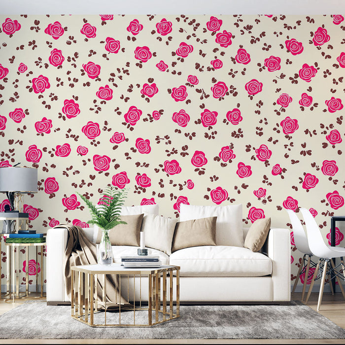 Mural Wallpaper shabby chic | Pink roses on cream background with subtle floral patterns