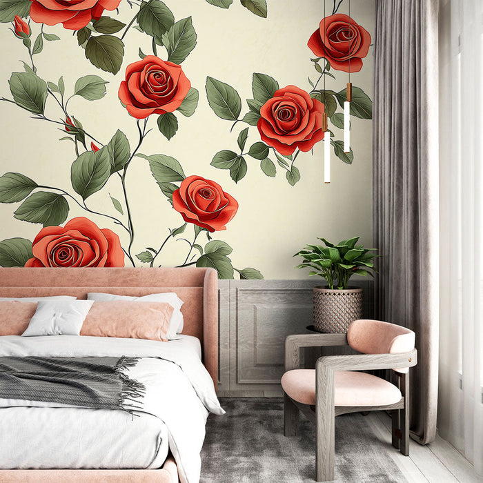 Tapeta shabby chic | Eleganckie czerwone róże na kremowym tle