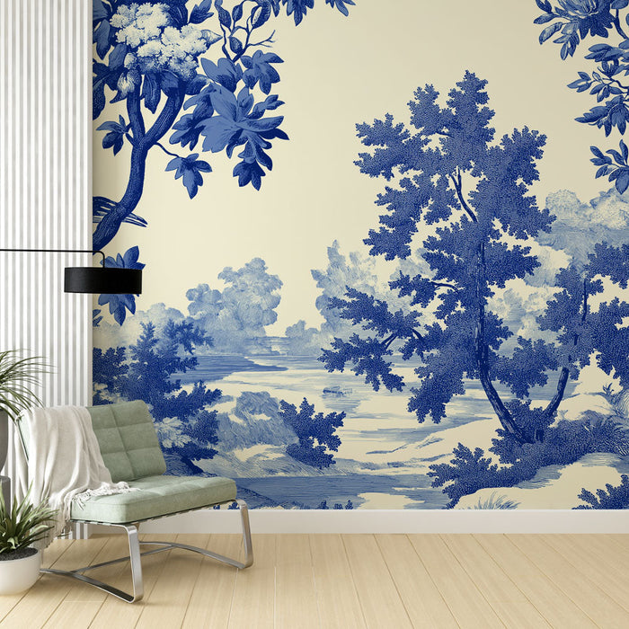Tapet shabby chic | Bucolic scene in blue and cream with bird