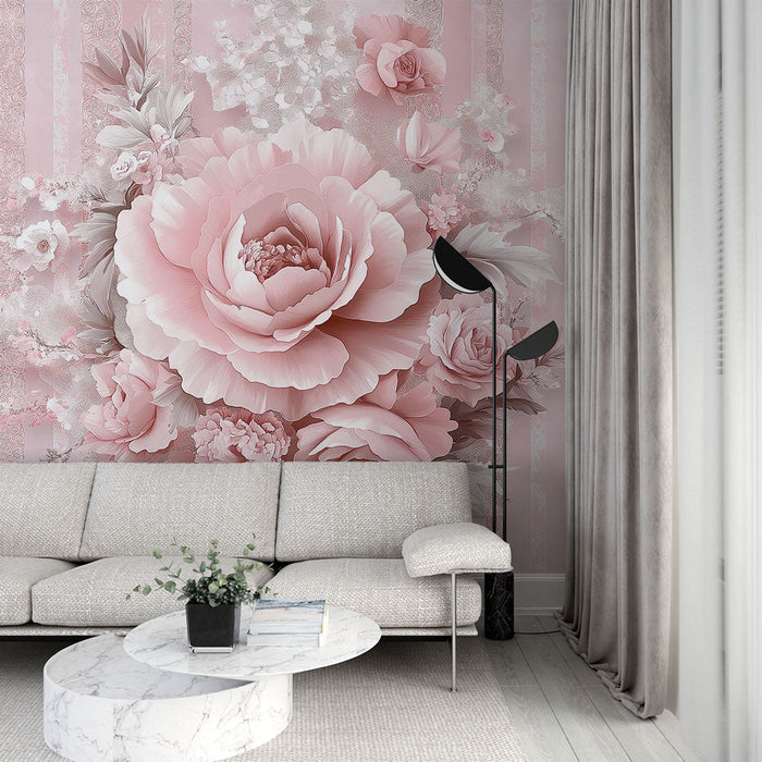 Falfestmény tapéta shabby chic | Pompás rózsaszín virágok csíkos háttéren