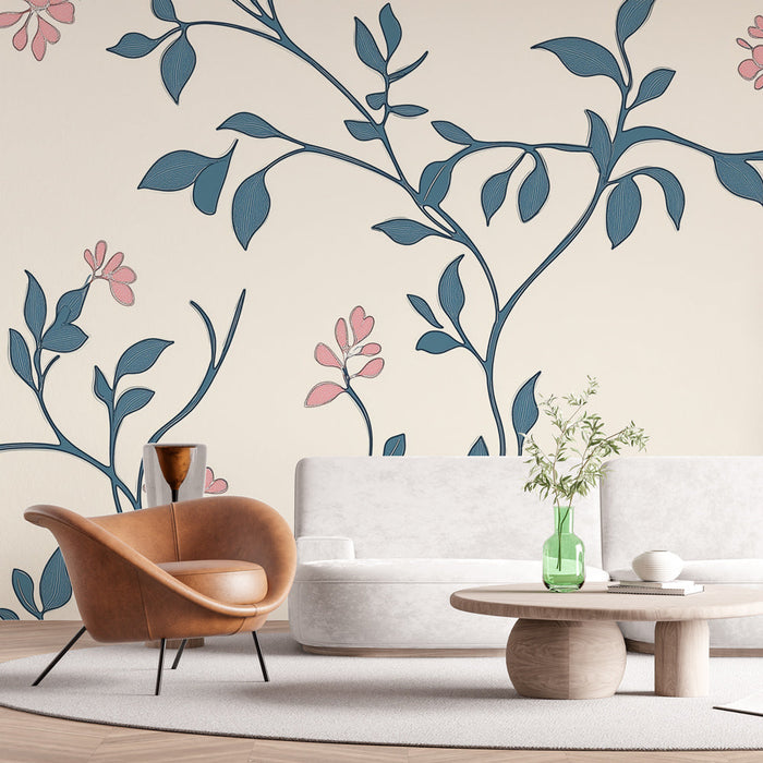 Tapeta shabby chic | Nežna vegetacija v odtenkih modre in roza