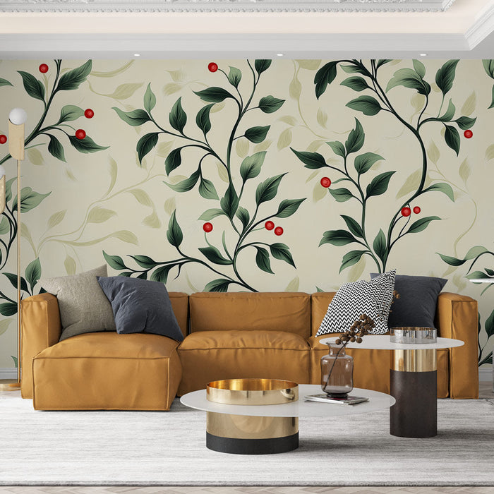 Tapeta shabby chic | Elegancka winorośl z zielonymi liśćmi i czerwonymi jagodami