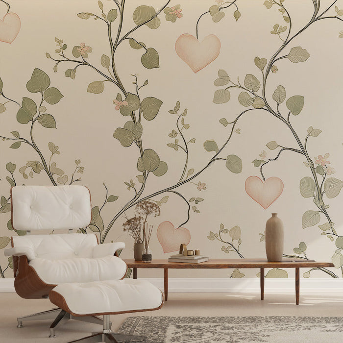 Tapet shabby chic | Viță romantică cu inimi și frunze delicate