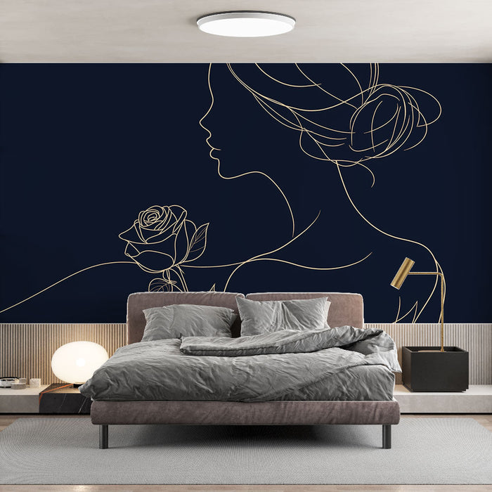 Mural Wallpaper woman silhouette | Elegant feminine silhouette with rose on dark background