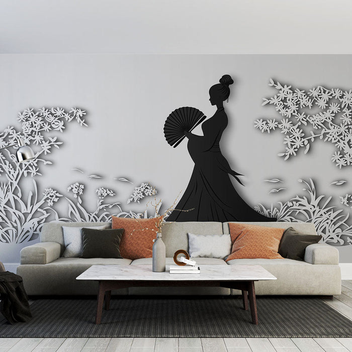 Siluetă tapet mural | Siluetă elegantă a unei femei cu evantai și modele florale delicate