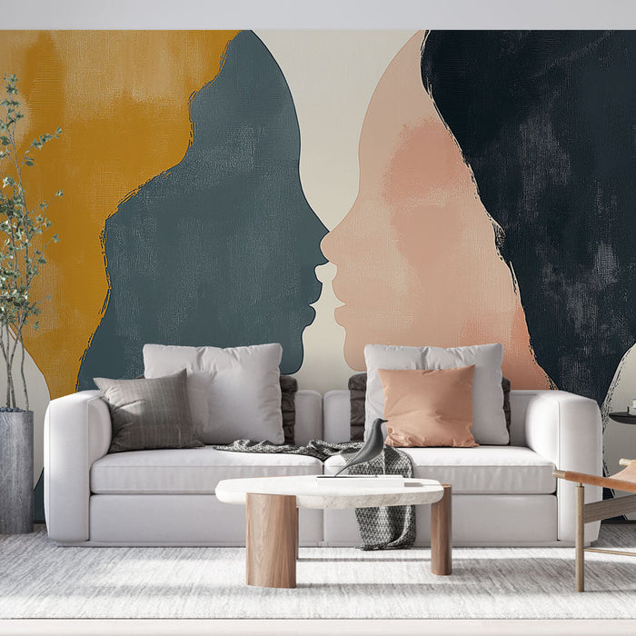 Tapete Silhouetten | Verflochtene Porträts bunter Gesichter auf neutralem Hintergrund