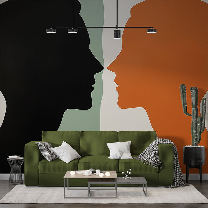 Tapete Silhouetten | Kontrastierende Silhouetten in Schwarz und Orange auf einem Pastellhintergrund