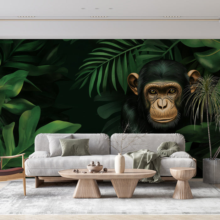 Тапет маймуна в джунглата | Илюстрация на шимпанзе, излизащо от гъста зеленина