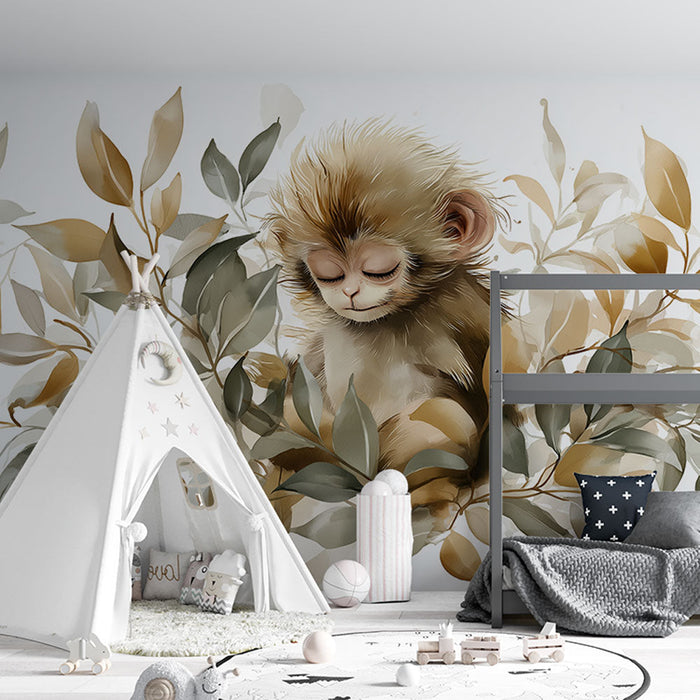 Tapeta majmun i lišće | Sladak majmun okružen lišćem u toplim tonovima