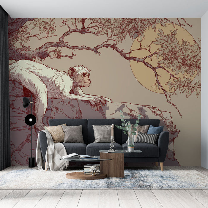 Fototapeta-opice | Ilustrace zamyšlené opice při západu slunce