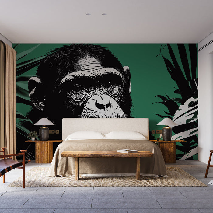 Ταπετσαρία τοίχου πιθηκος | Στυλιζαρισμένη εικονογράφηση ενός πιθήκου με καταπράσινο φόντο