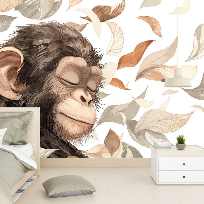 Fototapet mirni opica | Mirni šimpanz obkrožen z lahkim listjem